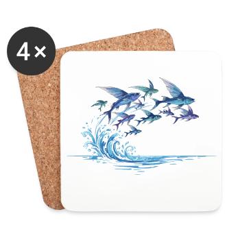 Flying Fish Gliding Over Water Waves Motif - Coasters (set of 4) - white - Front