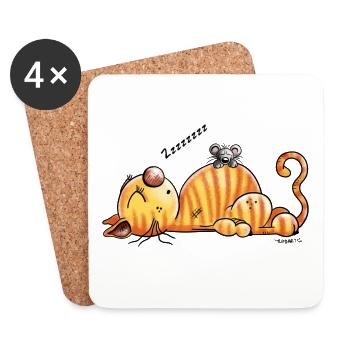 Ronflement chat et souris - Cadeau - Dessous de verre (lot de 4) - blanc - Devant