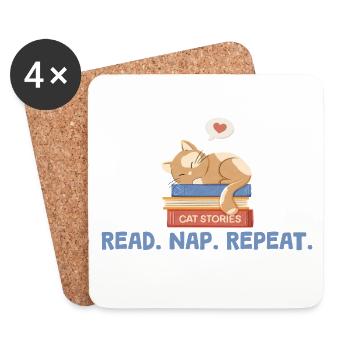 Cat on Books with Saying Read. Nap. Repeat. - Coasters (set of 4) - white - Front