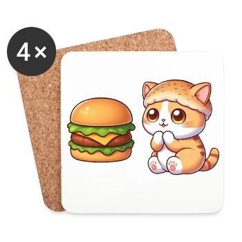 chat mignon dessin animé restauration rapide cheeseburger - Dessous de verre (lot de 4) - blanc - Devant