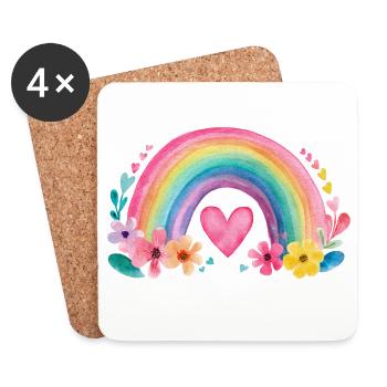 Arc-en-ciel avec cœur et fleurs – Aquarelle Amour - Dessous de verre (lot de 4) - blanc - Devant