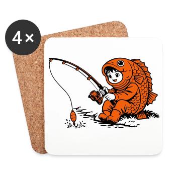 Boy in fish costume fishing - Coasters (set of 4) - white - Front
