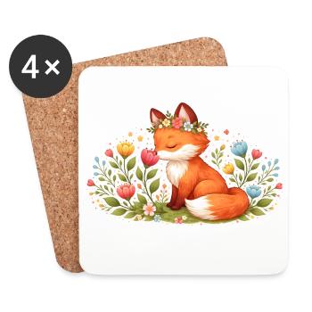 Un joli renard de printemps avec une couronne de fleurs - Dessous de verre (lot de 4) - blanc - Devant