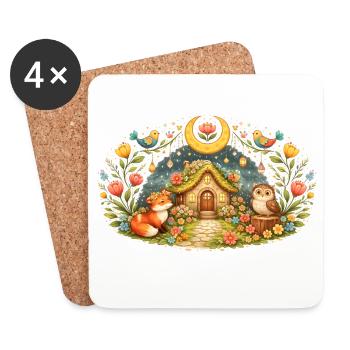 Magisches Frühlingshaus mit Fuchs und Eule  - Untersetzer (4er-Set) - Weiß - Vorne
