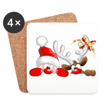 Père Noël drôle et rennes qui espionnent - Dessous de verre (lot de 4) - blanc - Devant