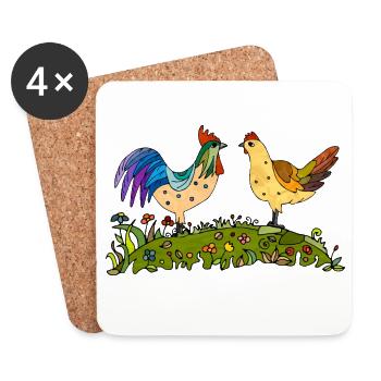 Coq et poule - Dessous de verre (lot de 4) - blanc - Devant