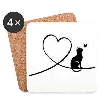 Katze Silhouette mit Herz Minimalistisch - Untersetzer (4er-Set) - Weiß - Vorne