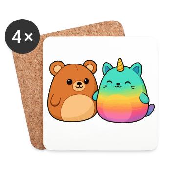 Kawaii Regenbogen Einhorn und Bär - Untersetzer (4er-Set) - Weiß - Vorne
