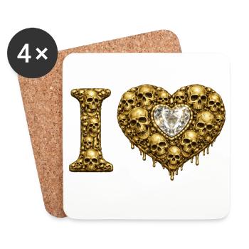 I LOVE | Goldene Schädel Herz – Totenkopf-Liebe - Untersetzer (4er-Set) - Weiß - Vorne