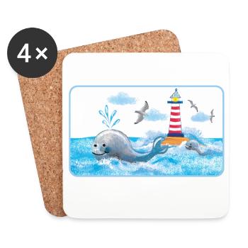 La baleine drôle au phare - Peint à la main - Dessous de verre (lot de 4) - blanc - Devant