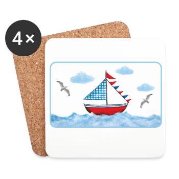 Blue sailboat on the sea - hand painted - Coasters (set of 4) - white - Front