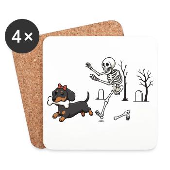 Dackel und Skelett Halloween-Jagd - Untersetzer (4er-Set) - Weiß - Vorne