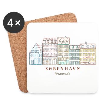 Copenhague, Vieux Port, Maisons dessinées à la main - Dessous de verre (lot de 4) - blanc - Devant