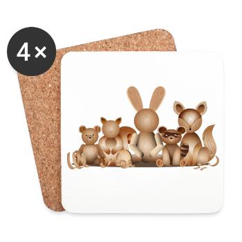 Wood-look illustration – Playful animal group - Coasters (set of 4) - white - Front
