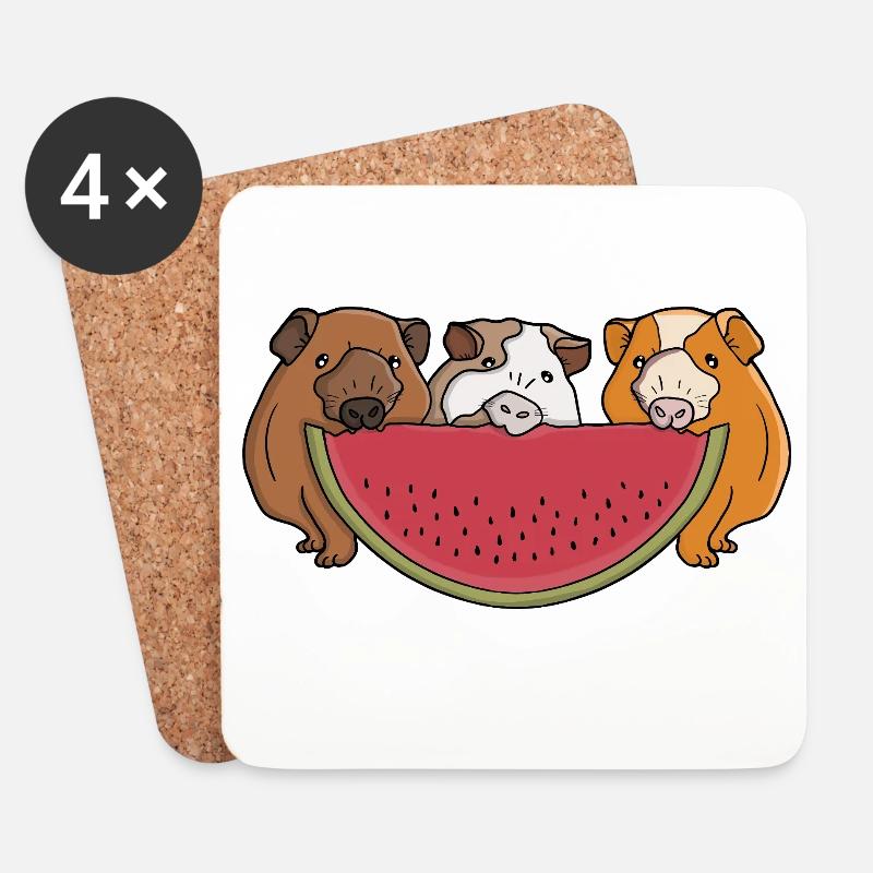 Illustration de cochons d'Inde ludiques et de pastèques - Dessous de verre (lot de 4) - blanc