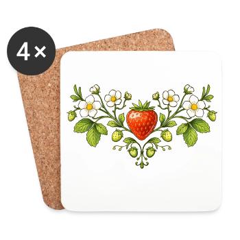 Ornement à la fraise avec des fleurs - Dessous de verre (lot de 4) - blanc - Devant