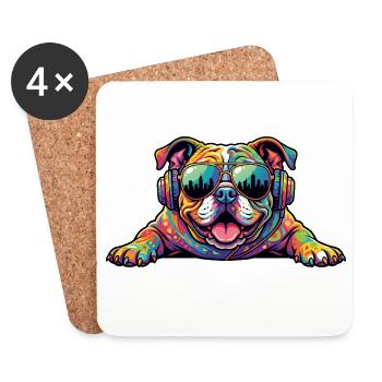 Bouledogue coloré avec lunettes de soleil et casque - Dessous de verre (lot de 4) - blanc - Devant