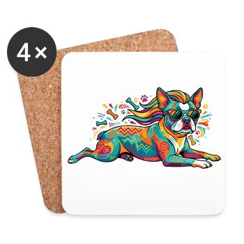 Bunter Hund Pop Art Muster und cooler Sonnenbrille - Untersetzer (4er-Set) - Weiß - Vorne