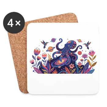 Cosmic Octopus in the Realm of Flowers Abstract Art - Coasters (set of 4) - white - Front