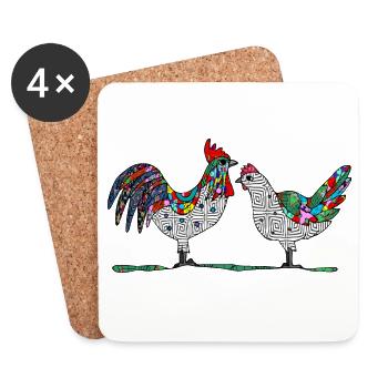 Coq et poule - Dessous de verre (lot de 4) - blanc - Devant