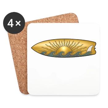 Soleil doré avec planche de surf et surfeur des vagues de mer - Dessous de verre (lot de 4) - blanc - Devant