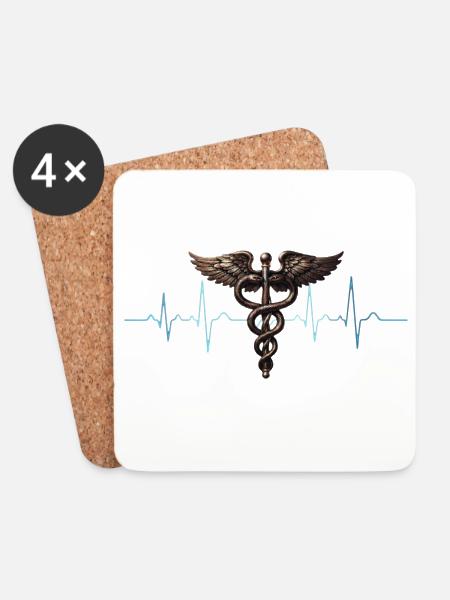 Flügel-Caduceus Herzschlag Design - Untersetzer (4er-Set) - Weiß