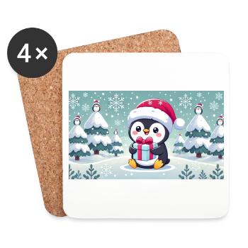 Pinguin mit Geschenk - Untersetzer (4er-Set) - Weiß - Vorne