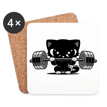 Chat de fitness avec haltère | Motif mignon de la salle de sport - Dessous de verre (lot de 4) - blanc - Devant