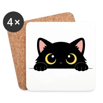 Chat Noir Curieux – Yeux Jaunes Adorables - Dessous de verre (lot de 4) - blanc - Devant
