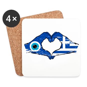 Greece Mati Flag Hands Heart Shape Used - Coasters (set of 4) - white - Front