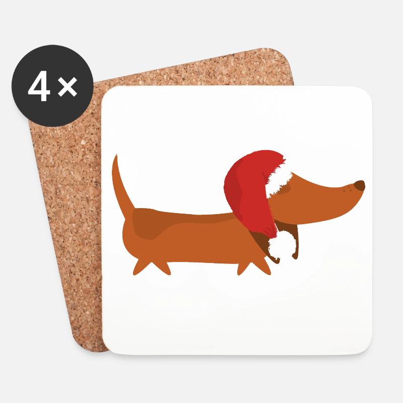  Dackel mit Weihnachtsmütze - Untersetzer (4er-Set) - Weiß