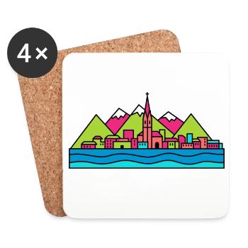 Lugano City Skyline Lake View Moderne Linienkunst - Untersetzer (4er-Set) - Weiß - Vorne