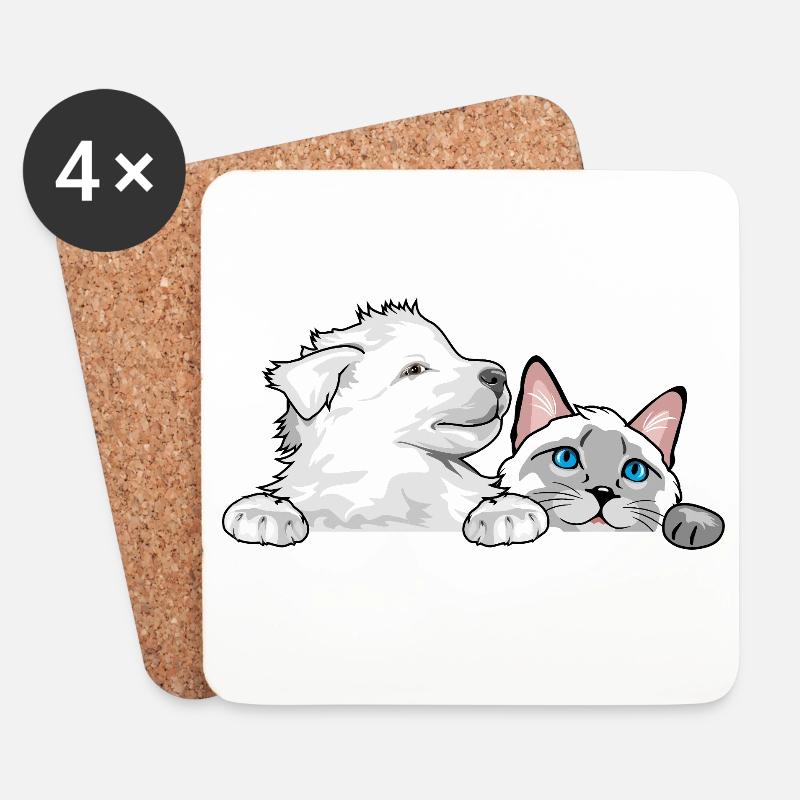 Peeking_Swiss_Shepherd_puppy_and_Siamese_cat - Untersetzer (4er-Set) - Weiß