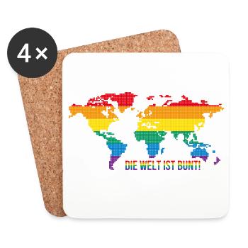 Die Welt ist bunt - Regenbogenweltkarte - Untersetzer (4er-Set) - Weiß - Vorne
