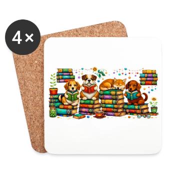 Lesende Hunde mit Bücherstapeln - Untersetzer (4er-Set) - Weiß - Vorne