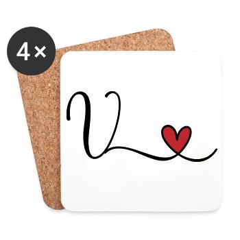 Lettre V Monogramme Cœur Initial - Dessous de verre (lot de 4) - blanc - Devant