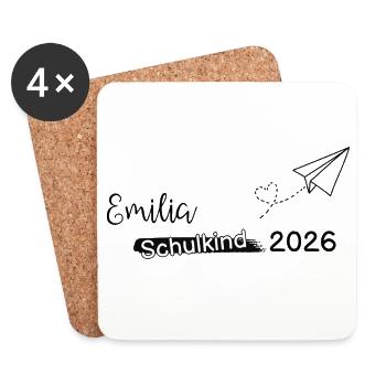 "Schulkind 2026" mit dem Namen des Schulkindes - Untersetzer (4er-Set) - Weiß - Vorne