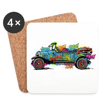 Voiture de bande dessinée colorée / Impression vintage de voiture vintage - Dessous de verre (lot de 4) - blanc - Devant