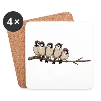 Five Birds on a Branch – Cute Illustration - Coasters (set of 4) - white - Front