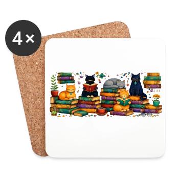 Des chats liseurs avec des piles de livres - Dessous de verre (lot de 4) - blanc - Devant