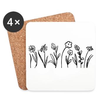 Fleurs dessinées à la main avec feuilles - Dessous de verre (lot de 4) - blanc - Devant