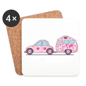 Car with caravan Pink Heart - Coasters (set of 4) - white - Front