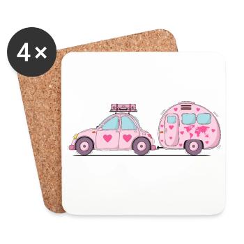Voiture avec caravane et valise en coeur rose - Dessous de verre (lot de 4) - blanc - Devant