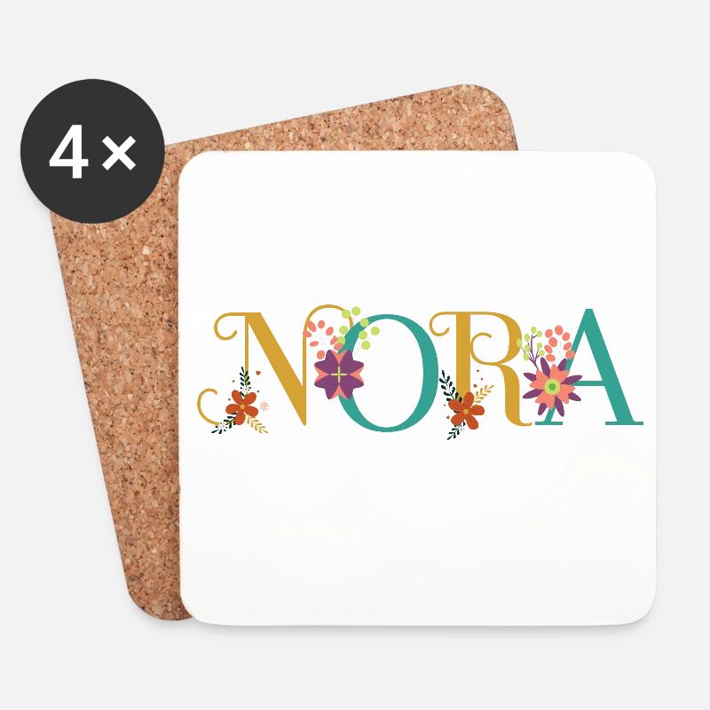 NORA Namenskunst mit Blumen bestickt - Untersetzer (4er-Set) - Weiß