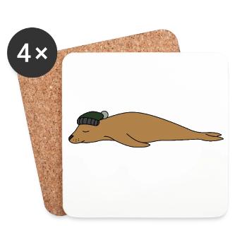 Cute Sleeping Seal Beanie Hat Simple Animal Sketch - Coasters (set of 4) - white - Front