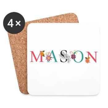 Art du nom MASON avec des fleurs brodées - Dessous de verre (lot de 4) - blanc - Devant