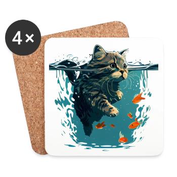 Schwimmende Katze mit Goldfischen - Untersetzer (4er-Set) - Weiß - Vorne