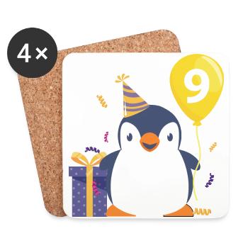 Pinguin mit Luftballon und Geschenk 9.Geburtstag - Untersetzer (4er-Set) - Weiß - Vorne