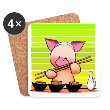 Schwein versucht Sushi mit Stäbchen - Untersetzer (4er-Set) - Weiß - Vorne