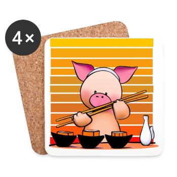 Schwein versucht Sushi mit Stäbchen - Untersetzer (4er-Set) - Weiß - Vorne